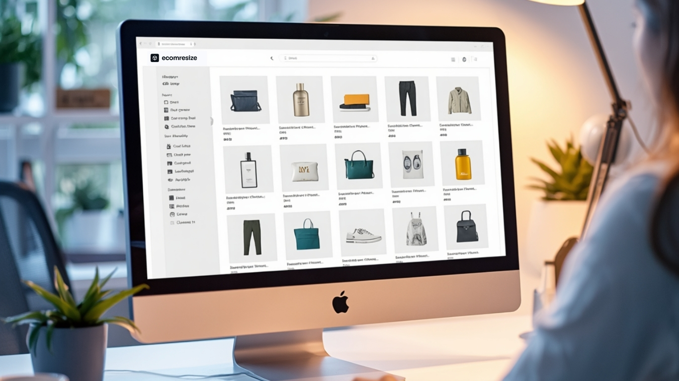 ecomresize dashboard shown on an iMac with a grid of product photos